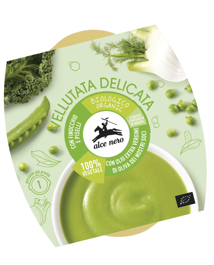 Una delle novità di Brio a marchio Alce Nero: la vellutata delicata con piselli, finocchio, cavolo riccio e porro