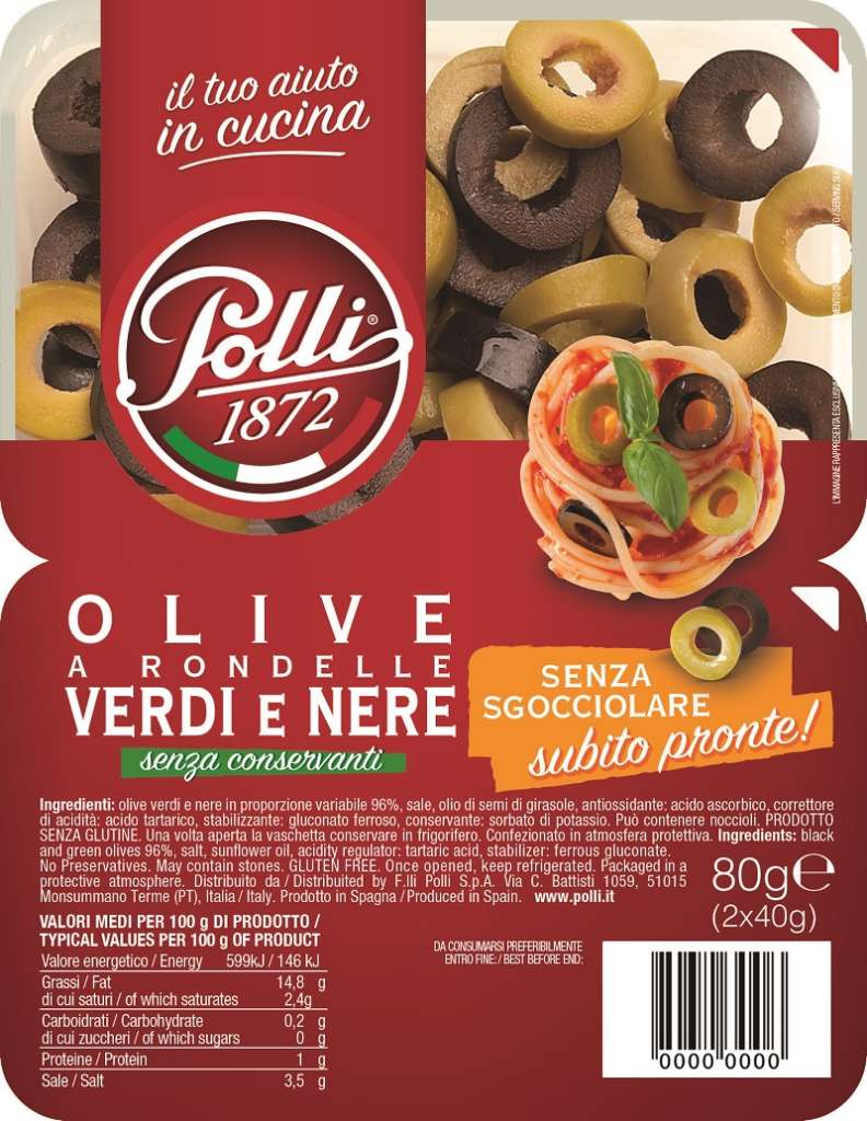 Le Olive a rondelle verdi e nere Polli: denocciolate e già affettate, sono un ottimo topping per insalate e bruschette