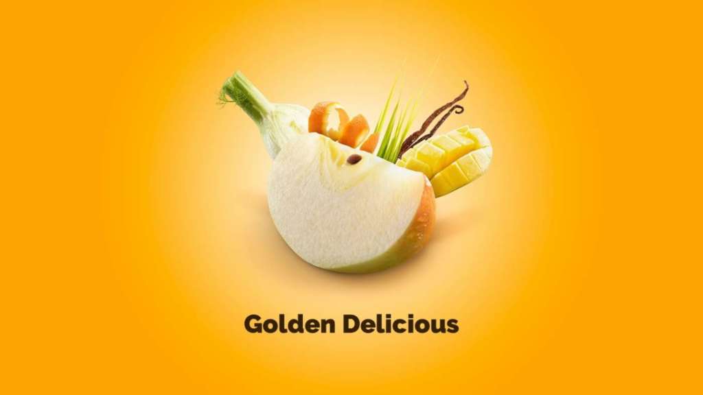 La nuova immagine comunicativa della Golden Delicious Val Venosta, con i frutti che ricordano le sue note aromatiche e il colore di fondo che richiama il gusto