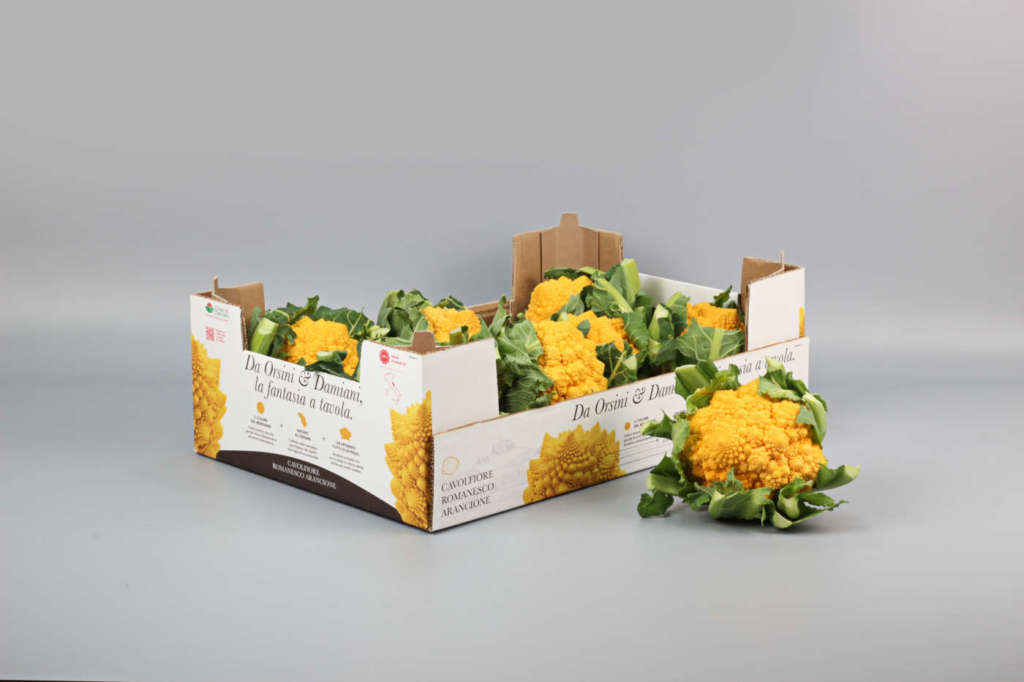 Il cavolfiore romanesco arancione di Orsini e Damiani con l'innovativa confezione in cartone