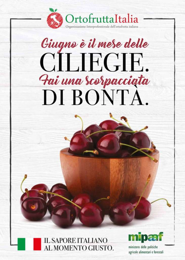 Locandina di promozione di Ortofrutta Italia per il consumo di ciliegie nazionali