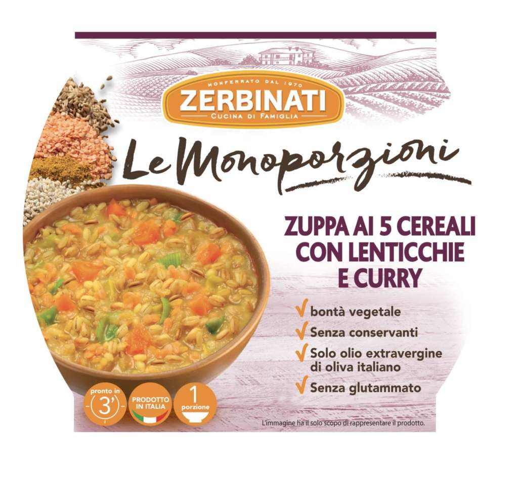 La nuova Zuppa Zerbinati Le Monoporzioni ai 5 cereali con lenticchie e curry