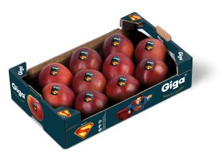 Il packaging delle mele Giga con il nuovo logo dedicato a Superman