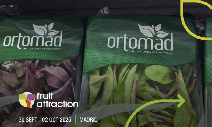 Confezioni di insalate Ortomad biologico esposte a Fruit Attraction 2025 a Madrid, simbolo dell’innovazione e della linea bio del Gruppo La Linea Verde
