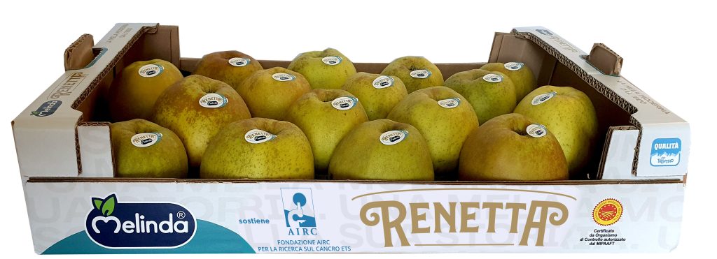 La confezione della Mela Renetta Dop Melinda con il simbolo di Airc