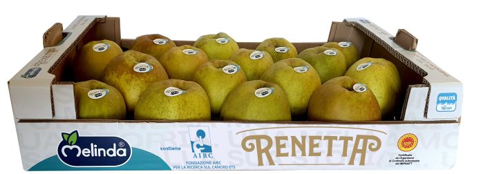 La confezione della Mela Renetta Dop Melinda con il simbolo di Airc