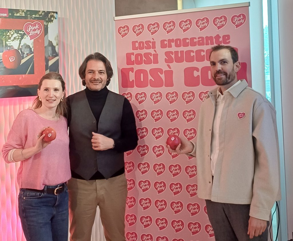 Presentazione campagna Pink Lady. Pauline Pastour, (communication project manager, Salvo Garipoli (country leader) e Cédric Modica Amore, (direttore marketing e comunicazione Pink Lady Europe)