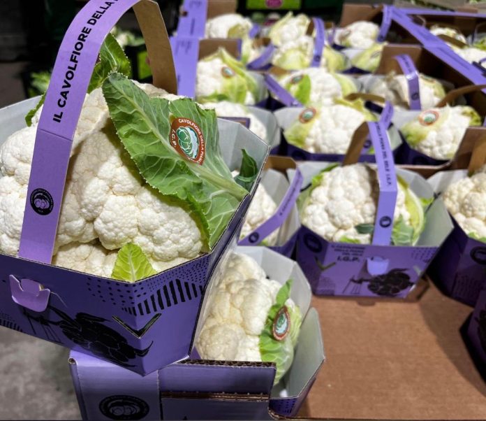 Il Cavolfiore della Piana del Sele Igp si distingue a scafale anche per il colore del packaging