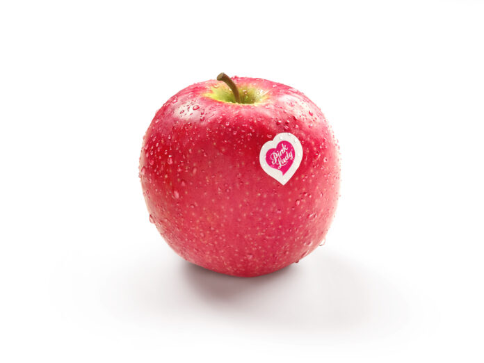 Mela Pink Lady Una mela Pink Lady® fresca e irrorata di goccioline d'acqua, con l'iconico bollino a cuore, su sfondo bianco neutro, pronta per il consumo