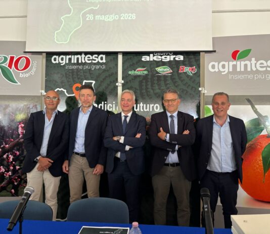 Agrintesa mette radici in Calabria: filiere innovative e investimenti Agrintesa-Gruppo Alegra. a Castrovillari. Da sinistra, Luigi Nola, Mauro Laghi, Cristian Moretti, Gianluca Gallo e Aristide Castellari