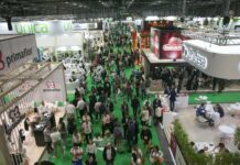 Veduta dall'alto dei padiglioni affollati della fiera dell'ortofrutta Fruit Attraction con visitatori, stand aziendali ed espositori del settore agricolo