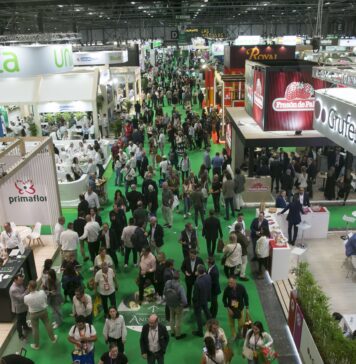 Fruit Attraction 2026, conferme e novità in attesa di ottobre Veduta dall'alto dei padiglioni affollati della fiera dell'ortofrutta Fruit Attraction con visitatori, stand aziendali ed espositori del settore agricolo