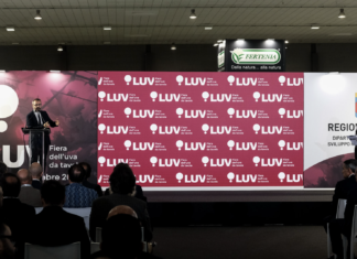 Un oratore parla dal podio durante una conferenza ufficiale a LUV Fiera dell'uva da tavola a Bari, con un grande fondale brandizzato e il logo della Regione Puglia sullo sfondo, davanti a una platea di operatori del settore