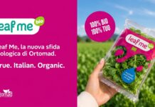 Leaf Me, la nuova sfida biologica di Ortomad: “True. Italian. Organic” Confezione di baby leaf biologiche Leaf Me di Ortomad tenuta in mano su campo coltivato con logo e claim True Italian Organic