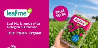 Confezione di baby leaf biologiche Leaf Me di Ortomad tenuta in mano su campo coltivato con logo e claim True Italian Organic
