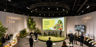 Mockup che mostra come sarà la Innovation Zone a Fruit Logistica 2027 (Foto generata dall'intelligenza artificiale)