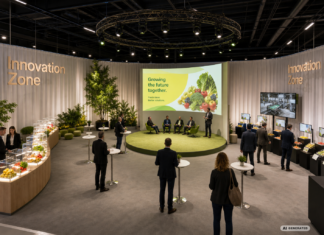 Mockup che mostra come sarà la Innovation Zone a Fruit Logistica 2027 (Foto generata dall'intelligenza artificiale)
