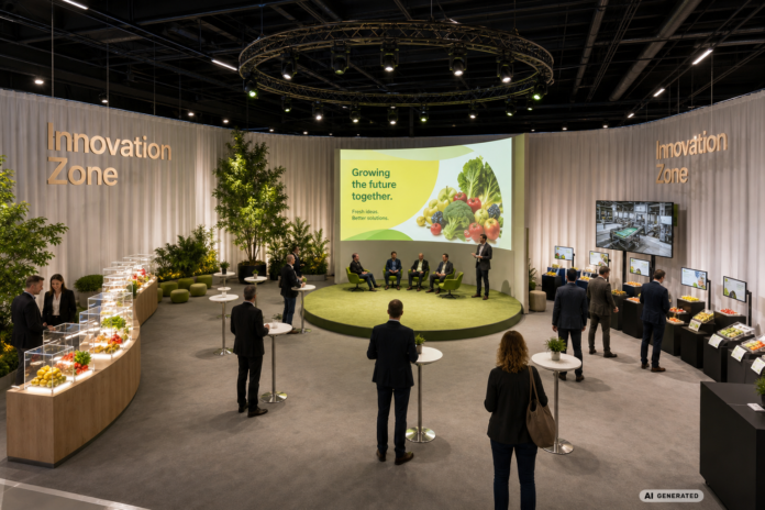 Mockup_InnovationZone_FL_AI_Genereated Mockup che mostra come sarà la Innovation Zone a Fruit Logistica 2027 (Foto generata dall'intelligenza artificiale)