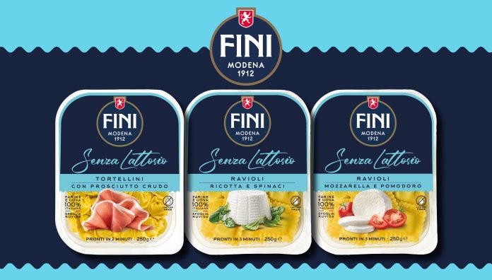 Tre confezioni di pasta fresca ripiena Senza Lattosio di Fini: tortellini al prosciutto cruodo, ravioli ricotta e spinaci, ravioli mozzarella e pomodoro