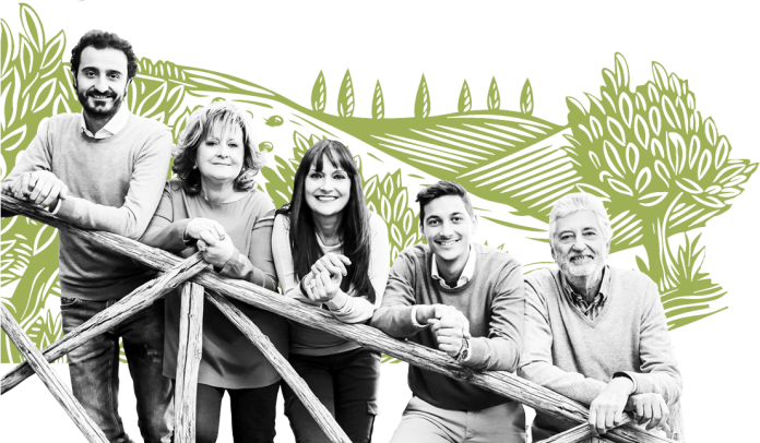 Oleificio Coppini, la famiglia: da sinistra i figli Andrea, Micaela, Matteo e a destra il padre Angelo