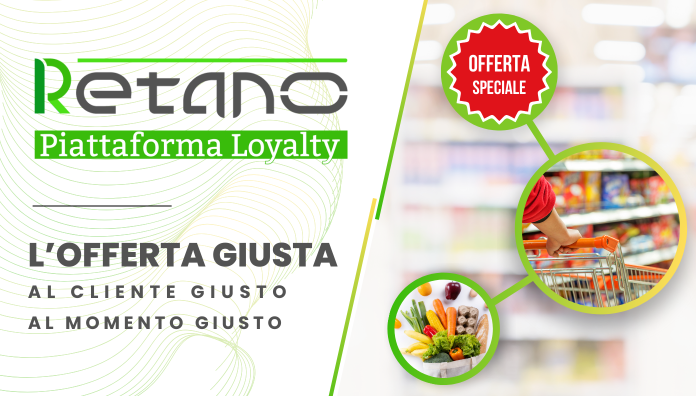 offerte personalizzate con l'AI nel retail raffigurate dalla piattaforma di loyalty di Retano, con slogan e immagini di negozio