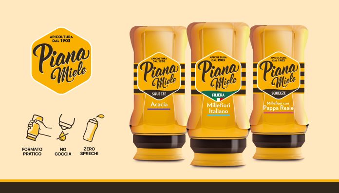 Tre dispenser Squeeze di Piana Miele: Acacia,Millefiori e Millefiori con pappa reale