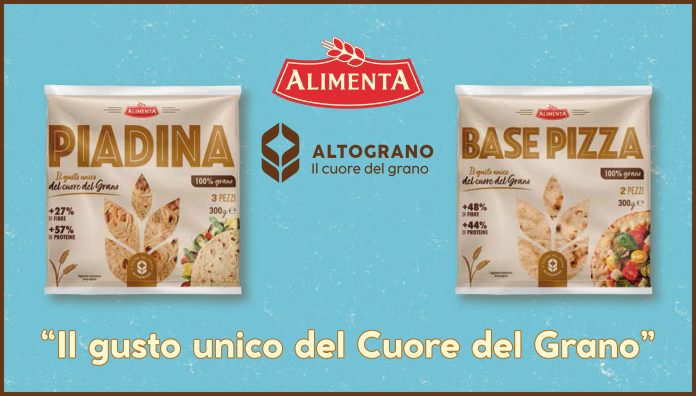 Confezioni di piadina e base pizza Altograno di Alimenta, con farina 100% grano e valori nutrizionali potenziati, presentate a Tuttofood 2025