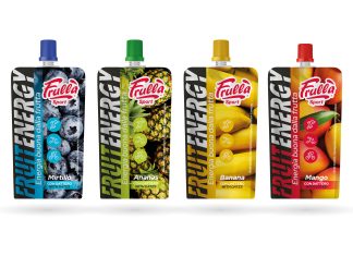 Fruit Energy: la novità naturale per lo scaffale sportivo della GDO Confezioni dei quattro gusti Fruit Energy Frullà – mirtillo, ananas, banana e mango – snack naturale per sportivi in sacchetto richiudibile da 50g