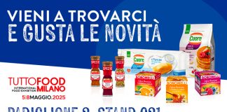 Banner promozionale Bonomelli per Tuttofood 2025 con prodotti Cuore, Cannamela e infusi Bonomelli. Invito a visitare lo stand Padiglione 2, C21