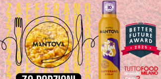 Infuso zafferano spray Fratelli Mantova in confezione con piatto di risotto giallo