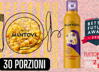 L’infuso di zafferano spray Fratelli Mantova finalista al Better Future Award Infuso zafferano spray Fratelli Mantova in confezione con piatto di risotto giallo