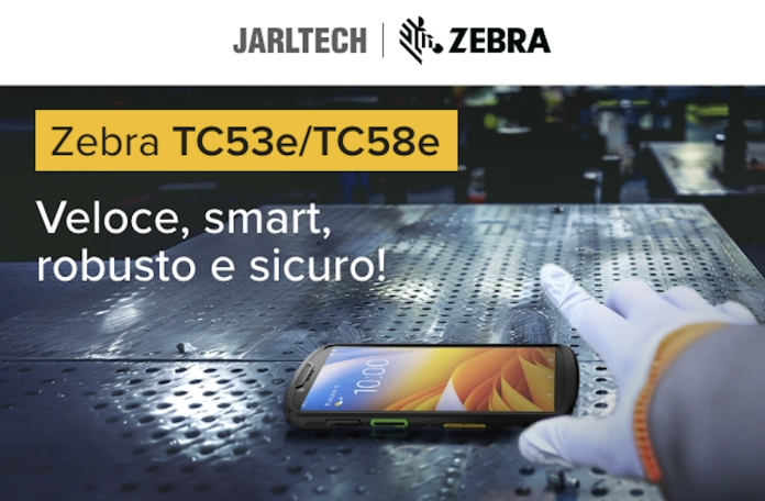 Mobile computer Zebra TC53e/TC58e su superficie industriale metallica, con guanto da lavoro in primo piano; slogan “Veloce, smart, robusto e sicuro!” e loghi Jarltech e Zebra in alto.