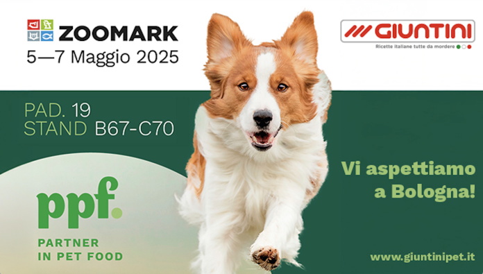 ItalianWay alimenti monoproteici per cani e gatti presentati da Landini Giuntini a Zoomark 2025, con stand B67-C70 e cane in primo piano.
