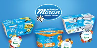 Tre confezioni su sfondo azzurro dei prodotti Bella Vita di Latteria Sociale Merano: a sinistra lo yogurt senza lattosio Free (8 gusti), al centro lo yogurt senza lattosio Goloso (3 gusti) e a destra lo yogurt senza lattosio Free Zero (6 gusti), con logo Milichhof Meran in alto