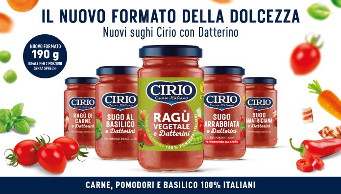 Nuovi Sughi Pronti con Datterino Cirio nel formato da 190g: vasetti pratici, ideali per 2 porzioni, disponibili in cinque ricette tra tradizione e innovazione con ingredienti 100% italiani