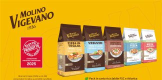 Linea di farine Molino Vigevano premiata Prodotto dell’Anno 2025, con confezioni per pizza in teglia, Vesuvio, pizza tipo 1, pizza soffice e pizza croccante, in pack riciclabile FSC