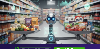 Un robot bilancia prodotti alimentari in un supermercato, simbolo dell’uso dell’intelligenza artificiale per supportare il category manager nelle decisioni di assortimento con Retano CatMan