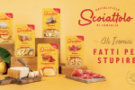 Confezioni dei prodotti Scoiattolo della linea Gli Iconici per la Pasta fresca ripiena GDO, con packaging giallo, in primo piano Prosciutto di Parma e Parmigiano Reggiano