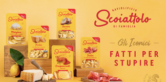 Confezioni dei prodotti Scoiattolo della linea Gli Iconici per la Pasta fresca ripiena GDO, con packaging giallo, in primo piano Prosciutto di Parma e Parmigiano Reggiano