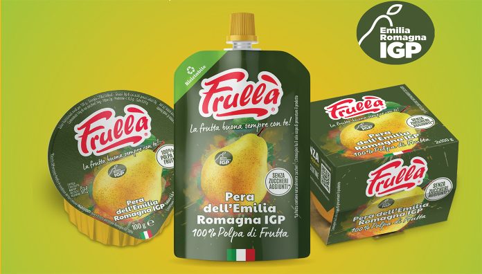 Linea Frullà Pera Emilia-Romagna IGP: vaschetta 100g, bi-pack 2x100g e doypack 100g, 100% polpa di pera IGP senza zuccheri aggiunti