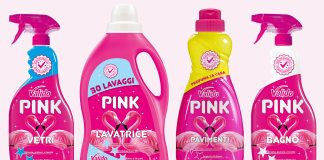Confezioni dei prodotti Valido Pink di IN.CHI.PLA. per la pulizia della casa: Valido Pink Vetri, Valido Pink Lavatrice, Valido Pink Pavimenti e Valido Pink Bagno, tutti caratterizzati dal colore rosa e dal logo con due fenicotteri
