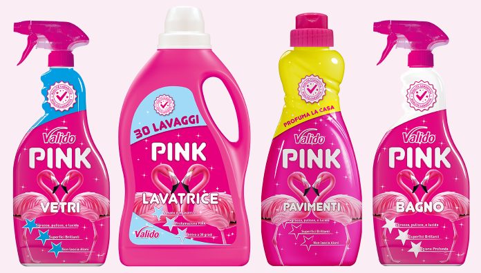 Confezioni dei prodotti Valido Pink di IN.CHI.PLA. per la pulizia della casa: Valido Pink Vetri, Valido Pink Lavatrice, Valido Pink Pavimenti e Valido Pink Bagno, tutti caratterizzati dal colore rosa e dal logo con due fenicotteri