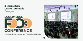 Locandina dell'Ecommerce Food Conference che si terrà il 3 marzo 2026 a Bologna per il Grand Tour Italia, con il logo dell'evento e un'immagine della sala conferenze piena di partecipanti