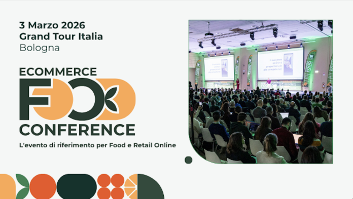Locandina dell'Ecommerce Food Conference che si terrà il 3 marzo 2026 a Bologna per il Grand Tour Italia, con il logo dell'evento e un'immagine della sala conferenze piena di partecipanti