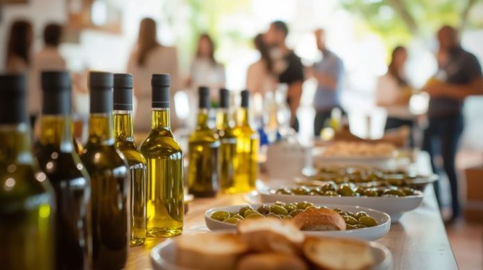Evolio Expo 2026, degustazione di olio EVO in bottiglie e olive durante un evento fieristico B2B