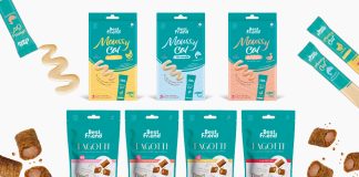 Confezioni degli snack per gatto Rinaldo Franco Best Friend: Moussycat cremosi (anatra, pollo, salmone con catnip) e Fagotti croccanti (Kitten, Beauty, Anti-Hairball, Steril)
