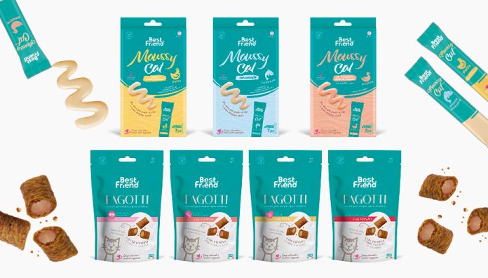 Confezioni degli snack per gatto Rinaldo Franco Best Friend: Moussycat cremosi (anatra, pollo, salmone con catnip) e Fagotti croccanti (Kitten, Beauty, Anti-Hairball, Steril)
