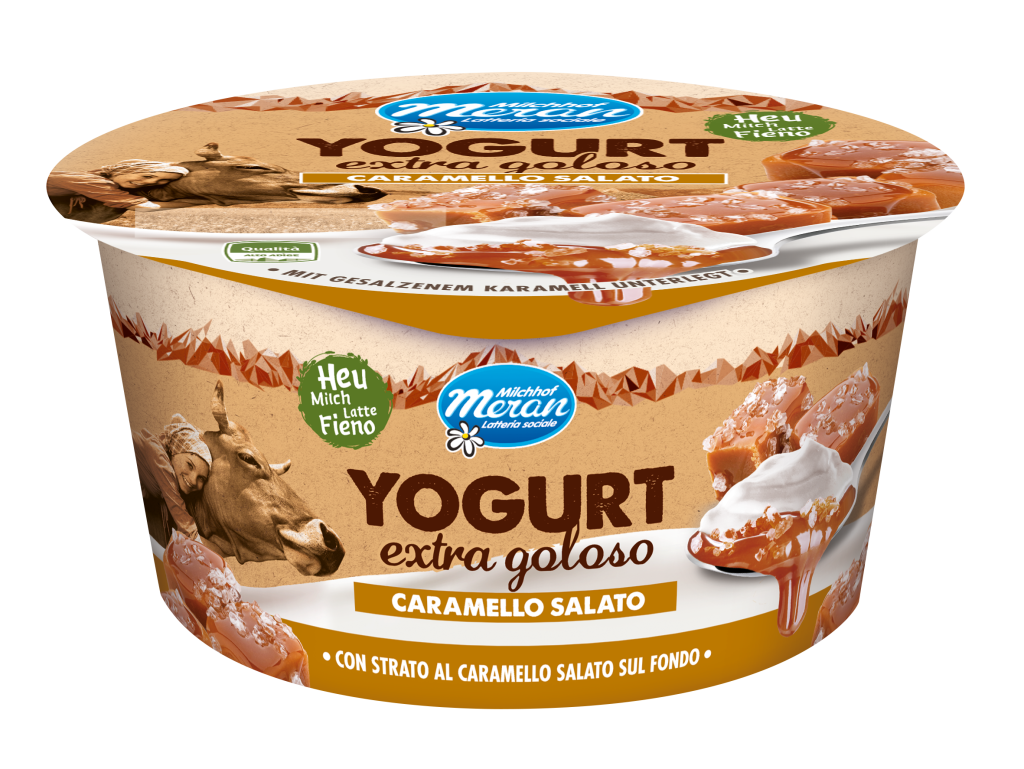Confezione di Meran latte fieno gusto Caramello Salato. Lo yogurt extra goloso doppio strato di Latteria Sociale Merano, che esalta la qualità del latte fieno con un'esplosione di sapore e un packaging che comunica naturalità e provenienza altoatesina