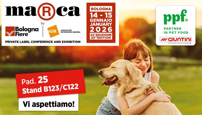 Banner promozionale di Landini Giuntini e PPF Italia a Marca 2026 che mostra una ragazza che abbraccia un cane e i dettagli dello stand B123 C122 nel Padiglione 25