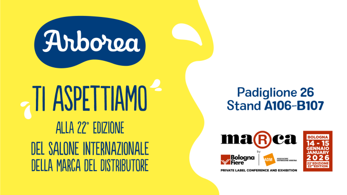 Invito grafico di Arborea a Marca 2026, Salone Internazionale della Marca del Distributore a Bologna, con i dettagli su padiglione e stand.